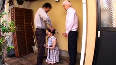 Young blonde gives blowjob and titjob to old guy