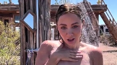 Busty brunette babe tease you with her big boobs