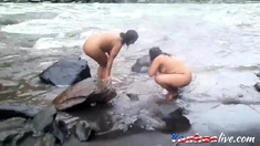 Two indian mature womens bathing in river naked